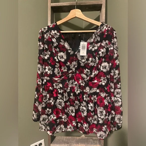 Torrid Peplum Chiffon Floral Blouson Sleeve Top - Picture 5 of 13